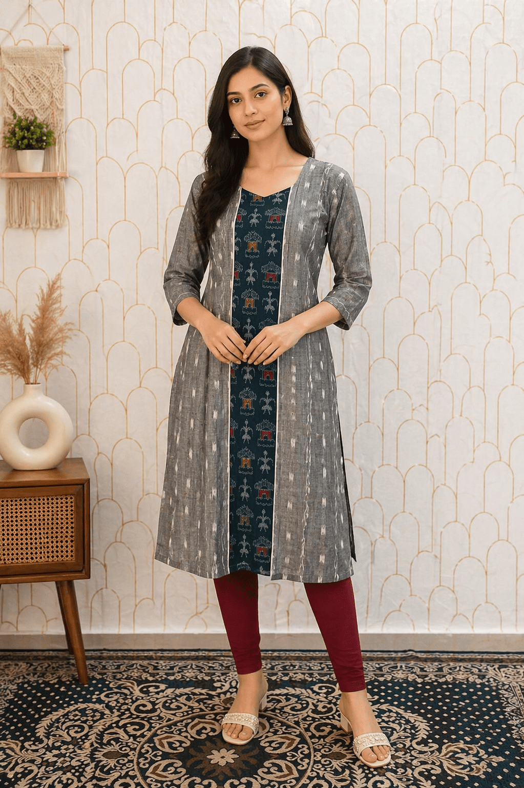 ChatGPT Image Apr 23, 2026, 11_14_57 AM Sambalpuri Ikat Kurti – Grey & Teal Panel Design Sambalpuri cotton kurti Odisha handloom ShlokWear