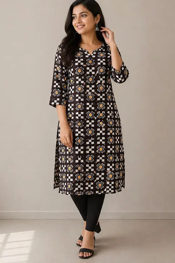 Black Saptapar Sambalpuri Printed Cotton Kurti for Women | Ethnic Straight Fit Kurti
