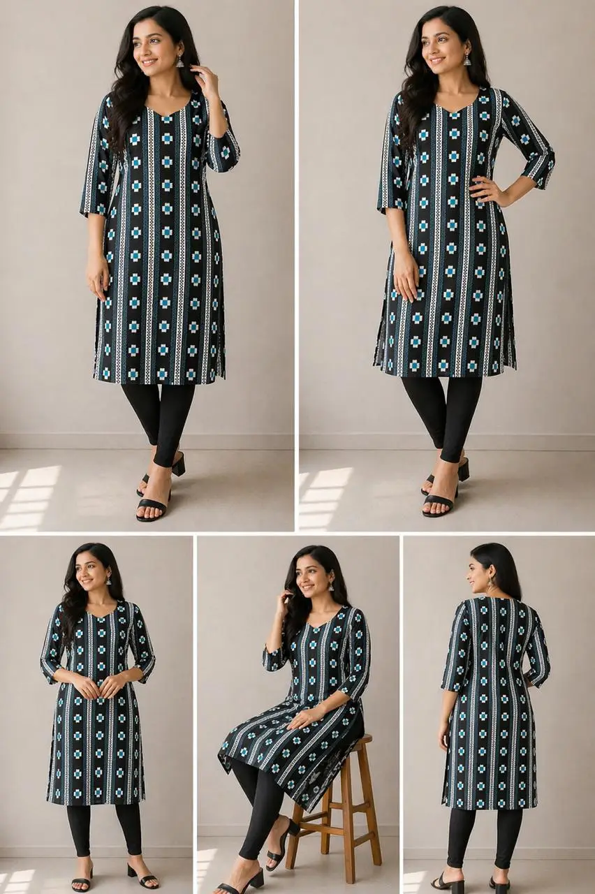 Black & Teal Saptapar Sambalpuri Printed Cotton Kurti for Women | Ethnic Straight Fit Kurti